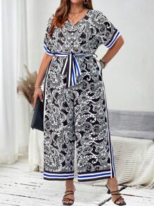 EMERY ROSE Plus Size Women's Vacation Paisley Printed Short Sleeve Jumpsuit With Pockets, Wide Leg - Multicolor - View 4