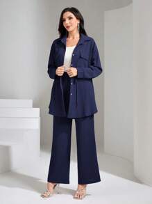 Graceveil Flap Pocket Drawstring Waist Shirt & Wide Leg Pants For Spring & Summer Modest - Navy Blue - View 7