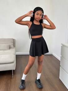 SHEIN Tween Girl's Casual Tennis Knitted Solid Color Tank & Skort Set, Spring/Summer - Black - View 5