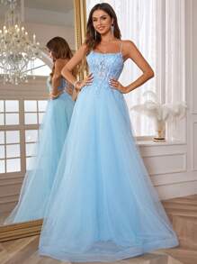 Spaghetti Strap Lace Prom Dresses With Butterfly Embroidered Long A Line Sparkly Applique Homecoming Dresses For Teens Mesh Formal Evening Dresses With Boned Party Ball Gown For Women Lace Up Back Wedding Guest Dress, For Graduation, Dinner - Màu xanh bạc hà - Xem 4