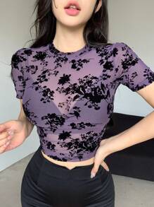 DAZY 情人节玫瑰花女士薄纱印花短袖上衣，夏季露脐上衣，女士外出上衣 - 紫色 - 查看 6