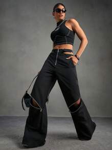 Streetz SHEIN Sport Cut Out Zip Fly Wide Leg Sports Pants - Black - View 2