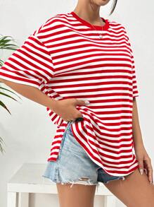 SHEIN EZwear Red & White Striped Knitted Loose Women's T-Shirt - Red - View 5