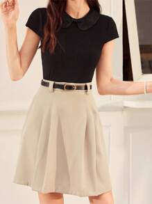 Vintamour Vintage Elegant Khaki A-Line Skirt With Woven Pleats And Belt, Ideal For Spring And Summer Vacation/Work Back To School Clothes Fall Clothes School Outfits Skirt Set Old Money Aesthetic Women Shirts Office Wear Women Set