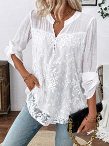 EMERY ROSE Embroidered Gauze Casual Loose Long Sleeve Shirt Fall Cloth For Women