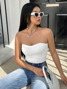 SHEIN EZwear Top de punto unicolor crop tubo - Blanco - Ver 3