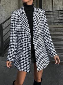 EURMUSE Women's Fashion Casual Houndstooth Double-Breasted Blazer - Black and White - View 1