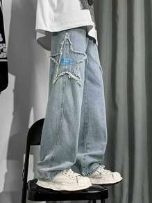 Men Star Patched Straight Leg Jeans - Blue - View 3