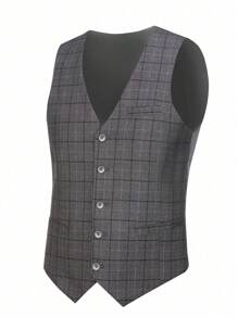 Conjunto de 3 piezas de traje de hombre a cuadros de solapa sencilla sin camisa de la marca Furuyal - Gris - Ver 3