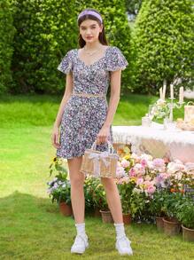 SHEIN Bộ 2 món áo và chân váy cổ chữ V buộc vạt phía trước họa tiết hoa thường ngày cho bé gái tuổi teen - Màu xanh lam - Xem 5