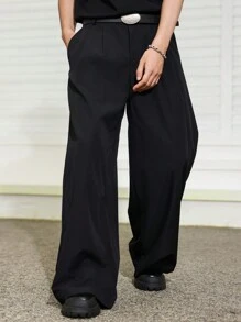 Manfinity Hypemode Men's Summer Simple And Stylish Black Loose Fit Ultra Leg-Shaping Suit Pants ,Baggy Pants