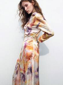 Maija 教师秋季花卉水彩印花收腰长袖衬衫裙女士 - 黃色 - 查看 4