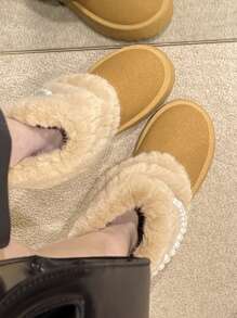 New Arrival Women's Fashionable, Comfortable And Simple Apricot Slip-On Shoes With Round Toe, Thermal Lined , Microfiber Upper, Black Fluffy And Faux Pearl Decoration, Casual Thick-Soled Non-Slip Shoes For Autumn, Winter And Snowy Days,Fur Boots,Snow Boots - Apricot - View 2