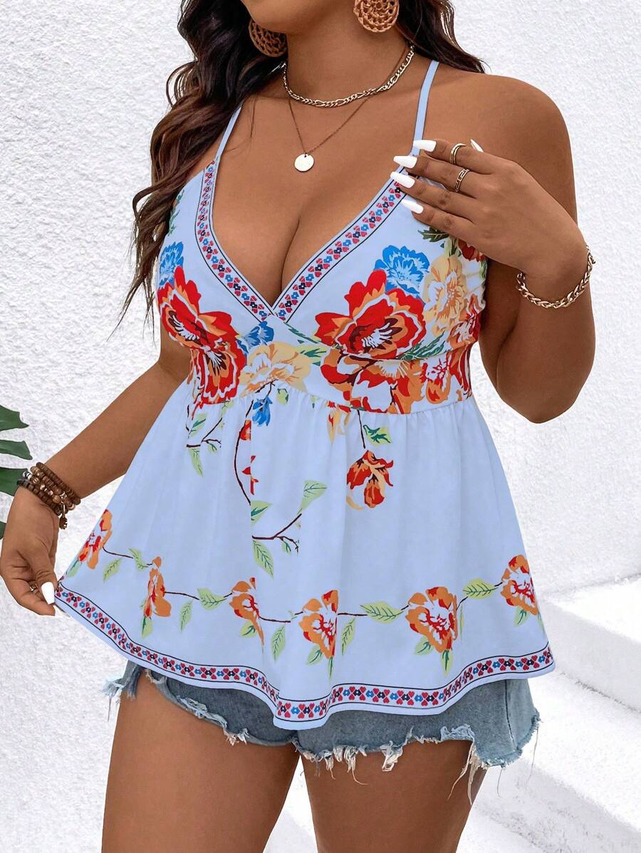SHEIN Clasi Plus Floral Print Crisscross Backless Halter Top For Summer Vacation - Multicolor - View 1