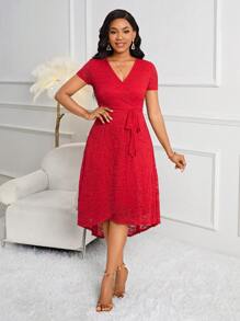 SHEIN Lady Vestido de encaje rojo para mujer, perfecto para festivales, conciertos country y fiestas - Rojo - Ver 6