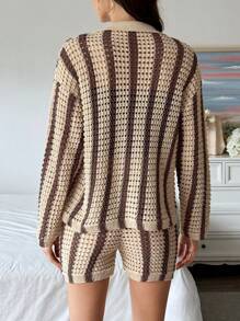 SHEIN LUNE Juego de suéter de punto con cardigan de rayas y pantalones cortos de punto con hombros caídos