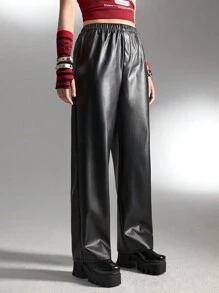 SHEIN Explorewe Teenagers' Basic Black PU Leather Straight Leg Pants - Black - View 1