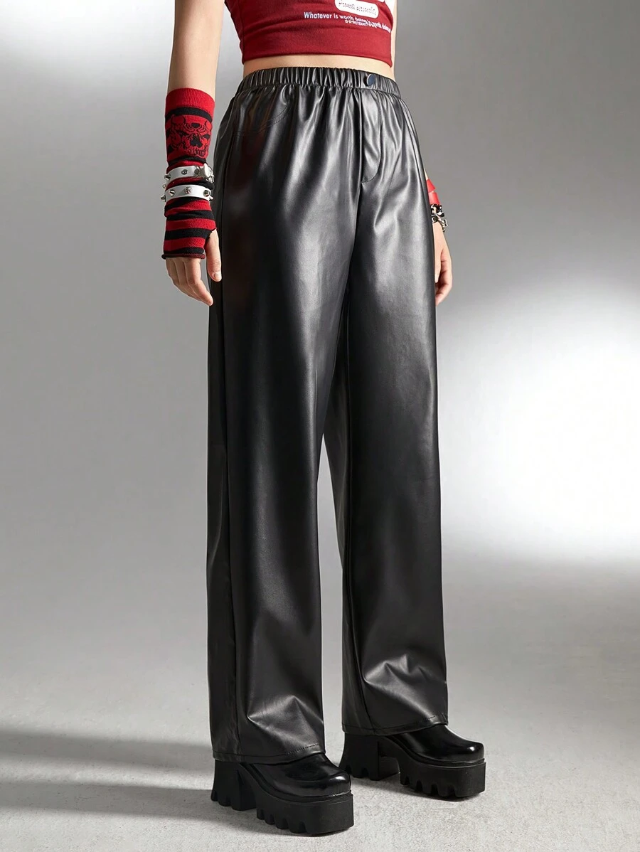 SHEIN Explorewe Teenagers' Basic Black PU Leather Straight Leg Pants - Black - View 1