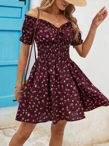 Vivid Eden Off Shoulder Ruffle Hem Summer Beach Dress For Women, High Waist - Burgundy - View 5