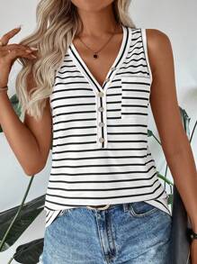 SHEIN LUNE Athleisure Black & White Striped Women"S Tank Top, Suitable For Sport, Run, Bike, Jog, Basketball