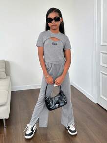 SHEIN 2pcs Spring/Summer Knitwear Set For Tween Girls, Including A Solid Round Neck Short Sleeve Top With Patches And Straight-Leg Pants