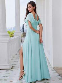 EVERPRETTY 優雅露肩禮服連荷葉邊袖、U型領口、露背、緞帶綁帶，高開叉伴娘禮服 - 淺藍色 - 查看 2
