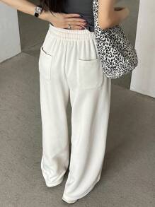 DAZY Solid Color Loose Fit Elastic Waist Drawstring Women's Sweatpants With Pockets Women Joggers - Beige - View 2