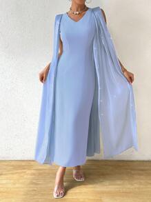 Chiquease 闪亮优雅夏季纯色简约日常连衣裙长款女装 - 藍色 - 查看 5