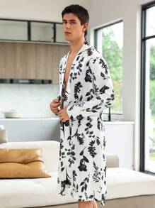 Men Floral Print Belted Sleep Robe - Black and White - View 5