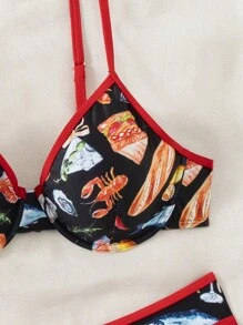 SHEIN Swim Summer Beach Food Print Contrast Binding Push Up Bikini - Red - View 5