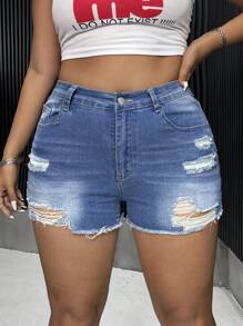 Breezaya Plus Ripped Raw Hem Denim Shorts - Light Wash - View 1