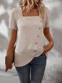 SHEIN LUNE Square Neck Textured Short Sleeve Casual T-Shirt - Apricot - View 7