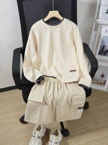 SHEIN 少年組連帽長袖運動衫和實用短褲秋季套裝，2件套，尺寸42.73 - 卡其色 - 查看 5