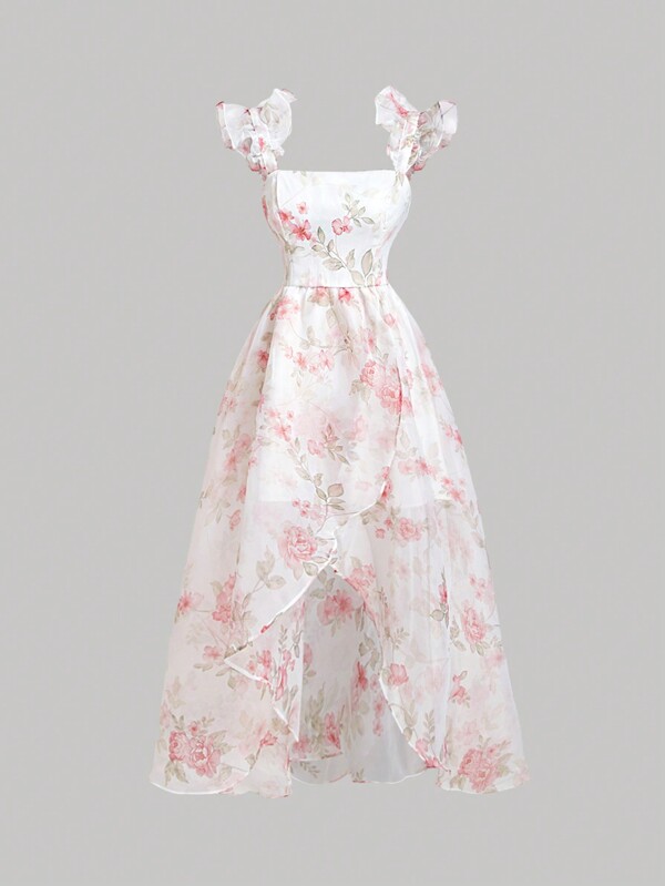 SHEIN MOD Robe longue femme en organza à imprimé floral vintage d'été, avec volants sur les bretelles, robe longue, robe florale, robe florale de printemps, robe de brunch, robe d'été, robe fluide, robe de soirée élégante, robe d'automne, robe de demoiselle d'honneur, robe sexy de fête, robe élégante, robe de bal, robe vintage, robe florale, robe de thé, robe de fée, robe fleur rose
