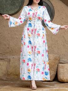 Women's Floral Print V-Neck Flare Sleeve Waist Cinched Elegant Arabian Style Dress - White - View 1