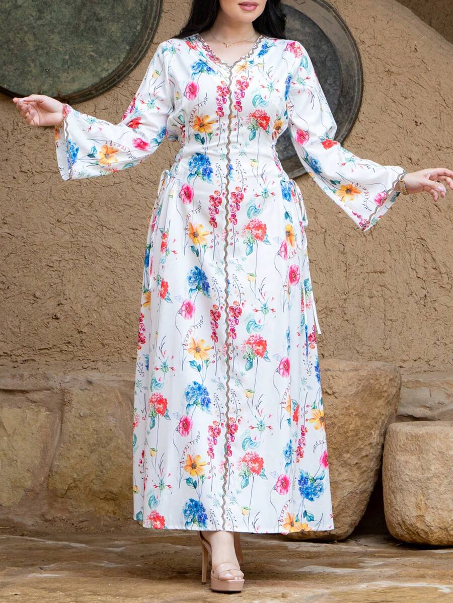 Women's Floral Print V-Neck Flare Sleeve Waist Cinched Elegant Arabian Style Dress - White - View 1