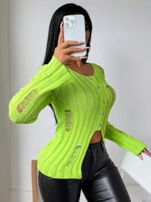 VaVaBold Nuevo Cardigan casual de punto retro en verde lima muy ajustado, sexy, liviano, hueco y con botones divididos que brilla con luz negra