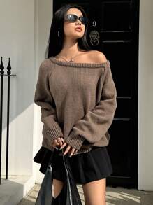 SHEIN EZwear 纯色卡其色插肩袖休闲毛衣，秋冬露肩毛衣