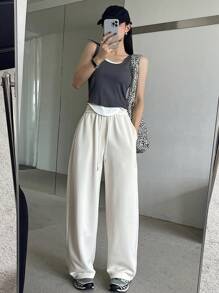DAZY Solid Color Loose Fit Elastic Waist Drawstring Women's Sweatpants With Pockets Women Joggers - Beige - View 6