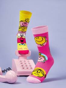 Mr Men Little Miss X SHEIN 2 Pairs Women's Cartoon Printed Mid-Calf Socks - Multicolor - View 2