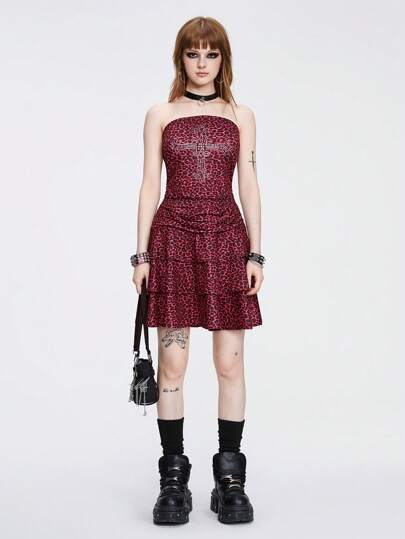 Grunge Punk Vestido sin tirantes con estampado de leopardo de tres capas y cruzado de diamantes de imitación para mujer del estilo Y2K