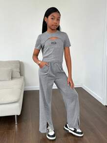 SHEIN 2pcs Spring/Summer Knitwear Set For Tween Girls, Including A Solid Round Neck Short Sleeve Top With Patches And Straight-Leg Pants