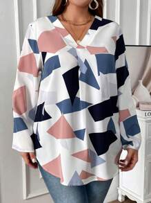 EMERY ROSE Plus Geo Print Roll Tab Sleeve Blouse