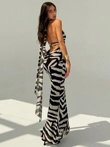 Aloruh Elegant And A Little Bit Sexy Deep V-Neck Backless Halterneck Mesh And Zebra Pattern Print Slimming Mermaid Long Dress - Black - View 1