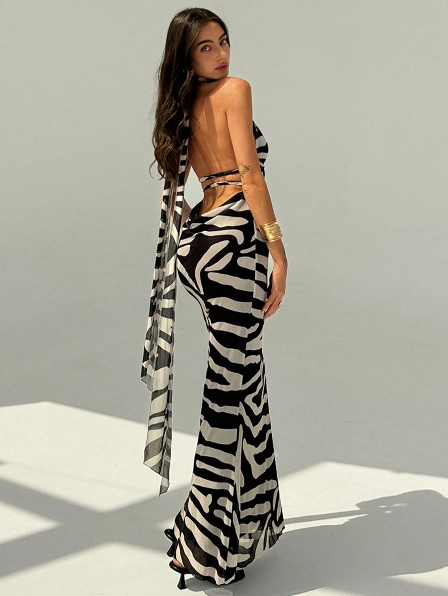 Aloruh Elegant And A Little Bit Sexy Deep V-Neck Backless Halterneck Mesh And Zebra Pattern Print Slimming Mermaid Long Dress - Black - View 1