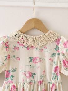 Young Girls Floral Print Contrast Lace Puff Sleeve Dress For Summer - Apricot - View 5