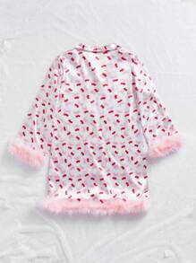 Allover Print Satin Contrast Fluffy Pajama Night Dress