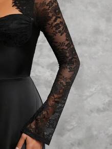 Hauture 黑色蕾絲邊長袖迷你派對裙 - 黑色 - 查看 5