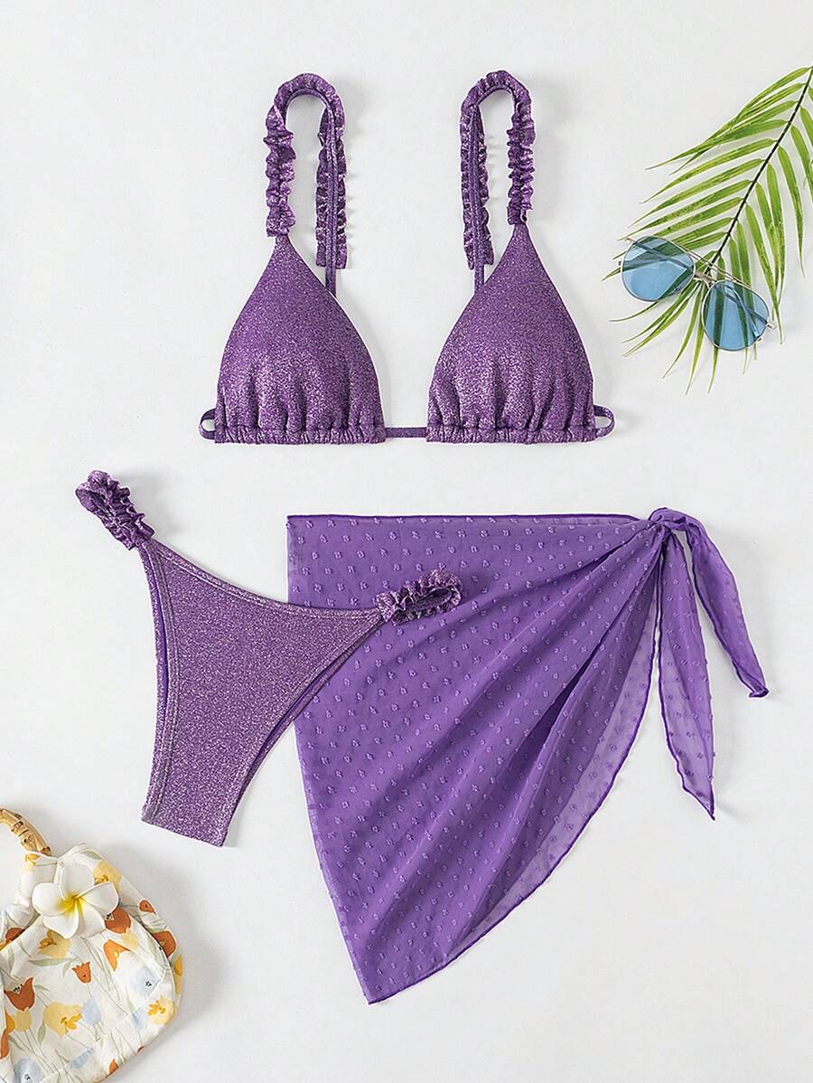 SHEIN Swim Bộ đồ tắm bikini tam giác diềm xếp nếp đi biển mùa hè kèm váy đi biển - Màu tím - Xem 1