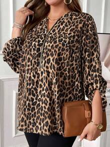 Miaspire Plus Leopard Print Roll Tab Sleeve Blouse - Multicolor - View 6